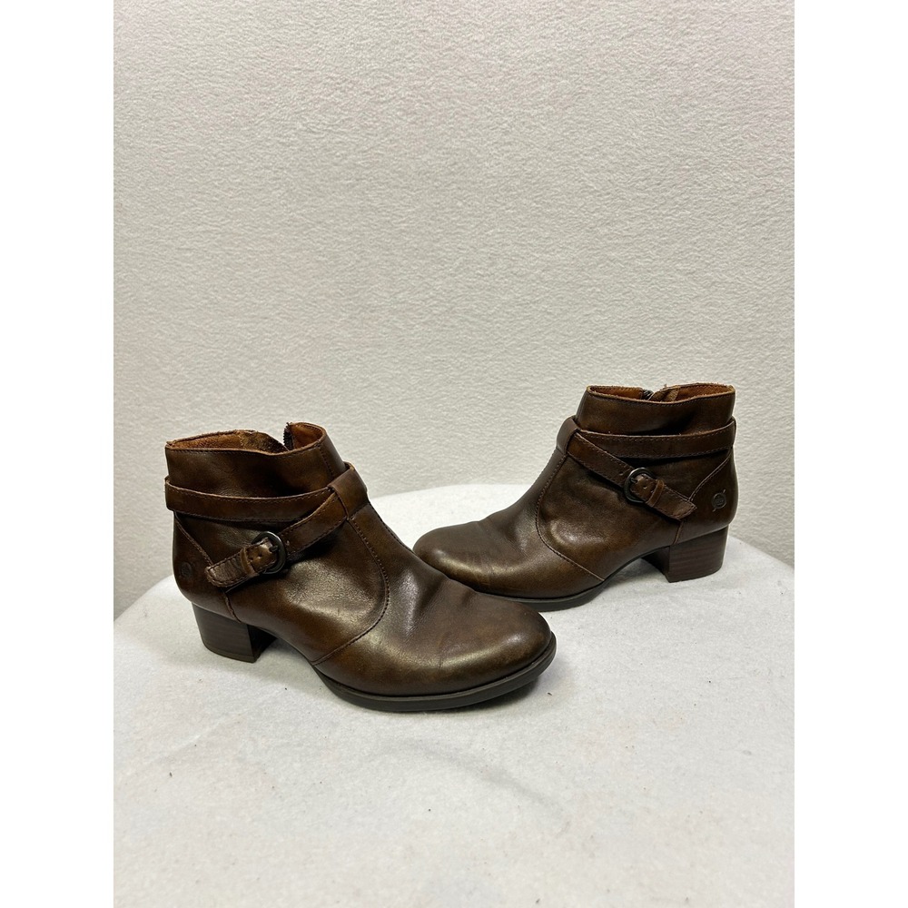 Born Leather Ankle Boots Womens 6 Brown Buckle Strap Block Heel Booties